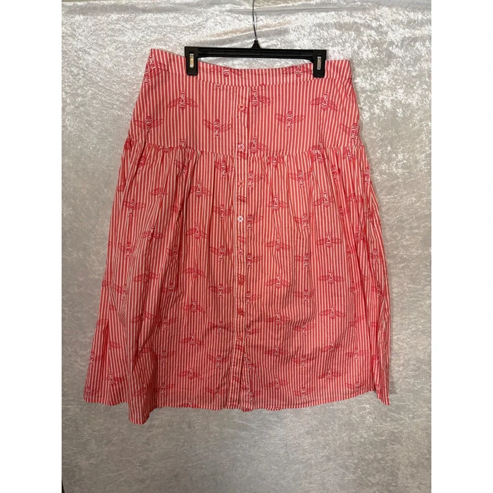 Red‎ White Striped Bee Print Button Front Tiered Midi Skirt Womens